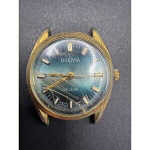 Vintage Bolivia De Luxe Swiss Movt Gold Tone Green Dial Watch Face No Band